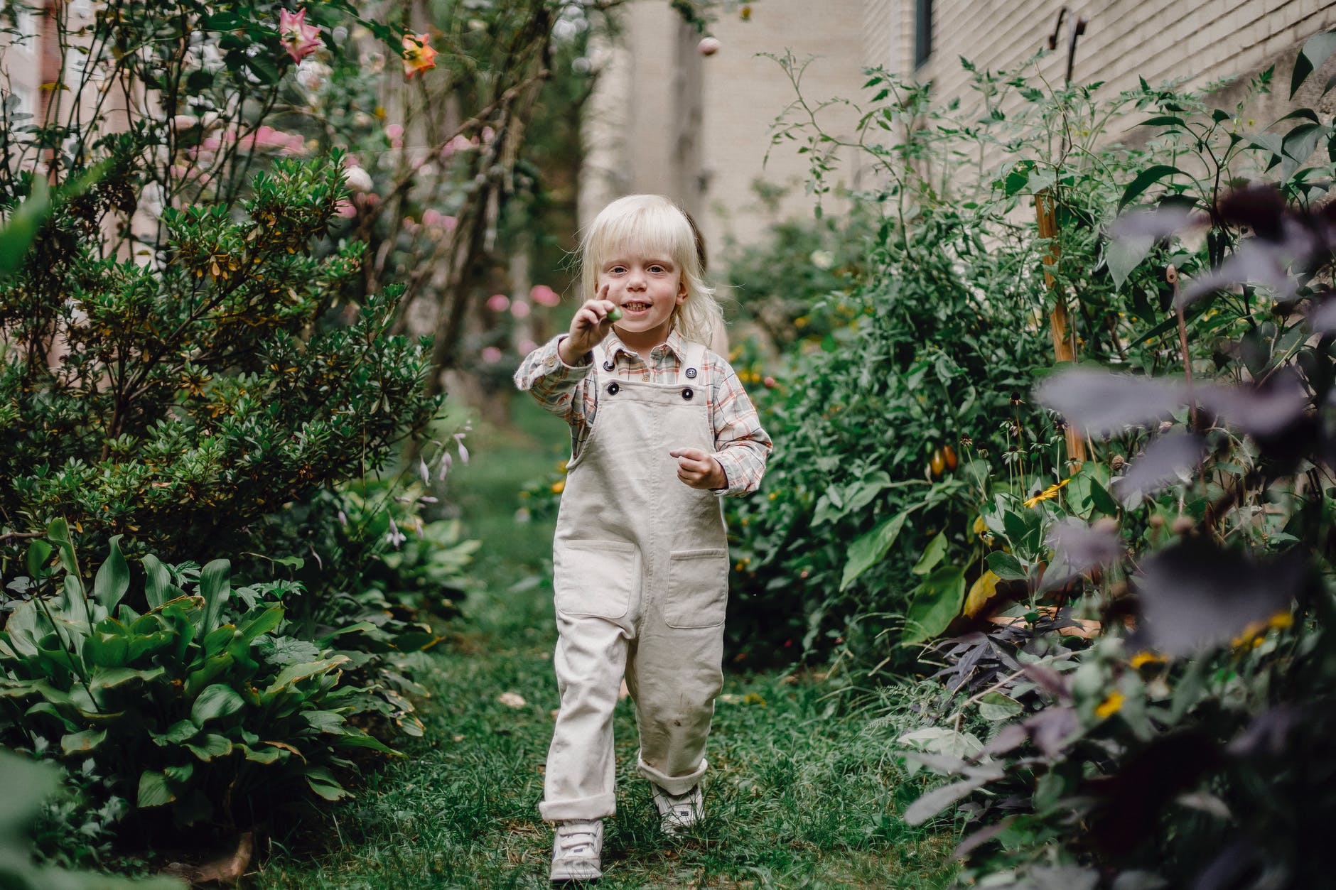 cheerful child demonstrating picked berry in green garden